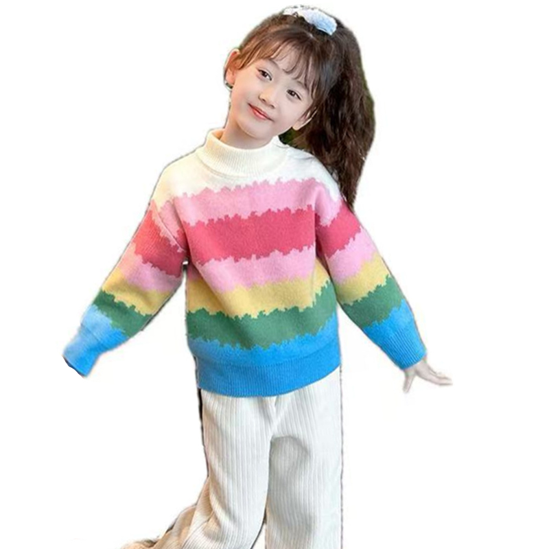 Baby Clothing Knitting Patterns - Doce menina colorido arco-íris listrado camisola